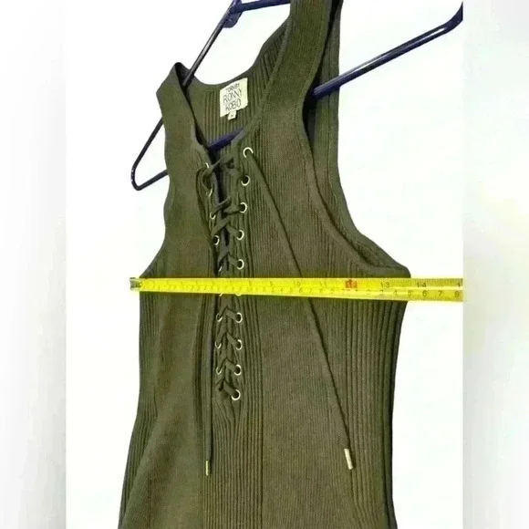 TORN BY RONNY KOBO Medium LACE UP TEXTURED FIT AND FLARE SLEEVELESS DRESS OLIVE - Picture 9 of 10